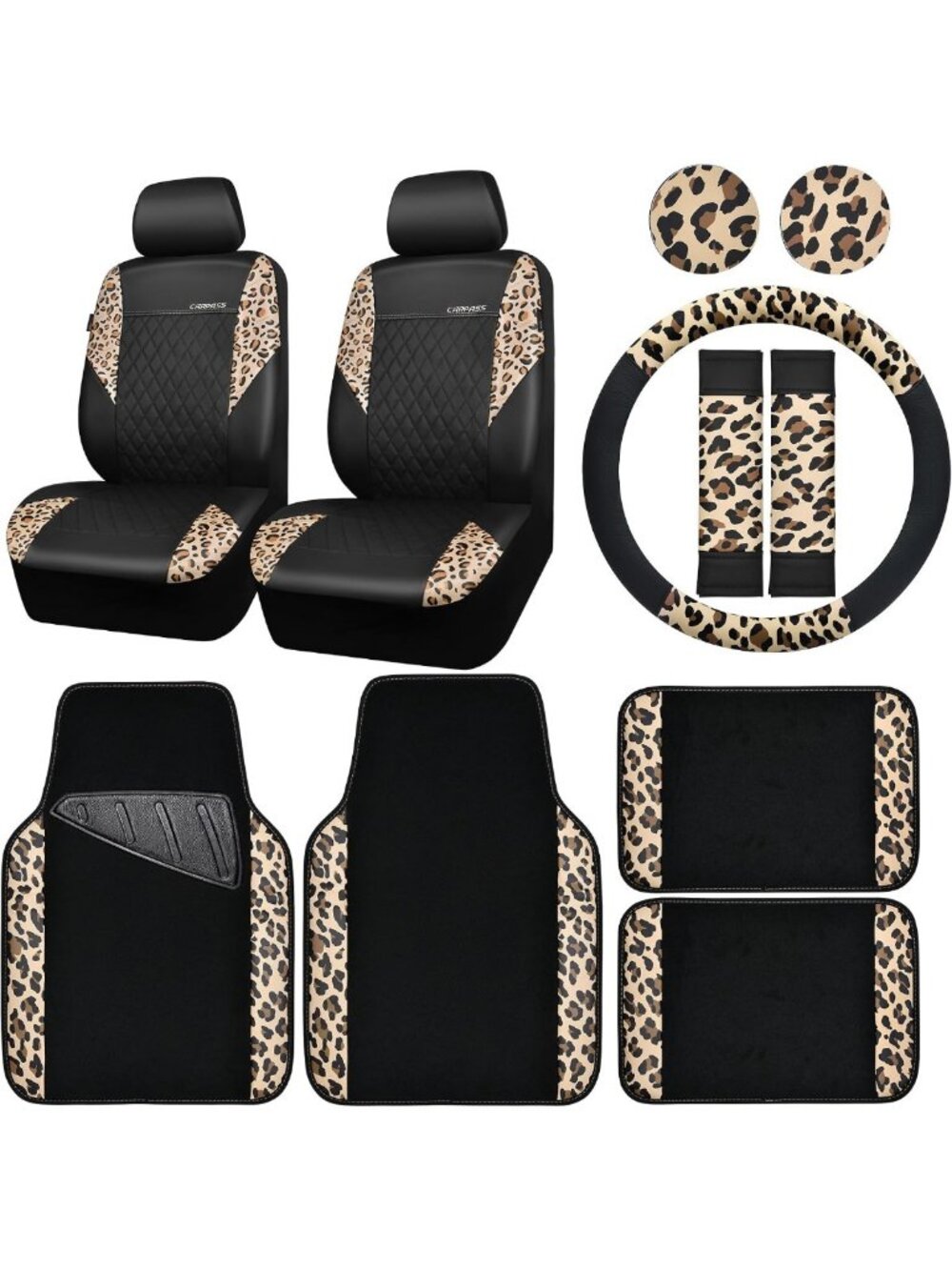 Leopard Print Faux Leather Car Seat Covers, Mats & Steering Wheel Cover Set